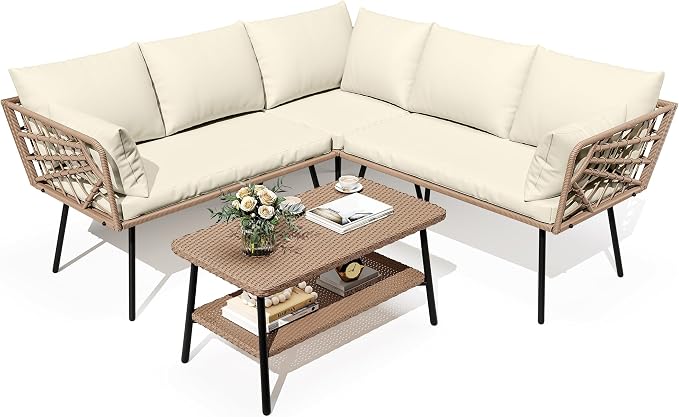 DWVO Outdoor Sectional Sofa 4 Piece 5-Seater Rattan Patio Furniture Set - Image 7