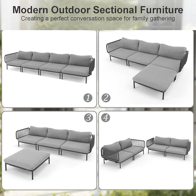 4 Piece Modern Outdoor Sectional Sofa, Weather-Resistant Metal Frame and - Image 3
