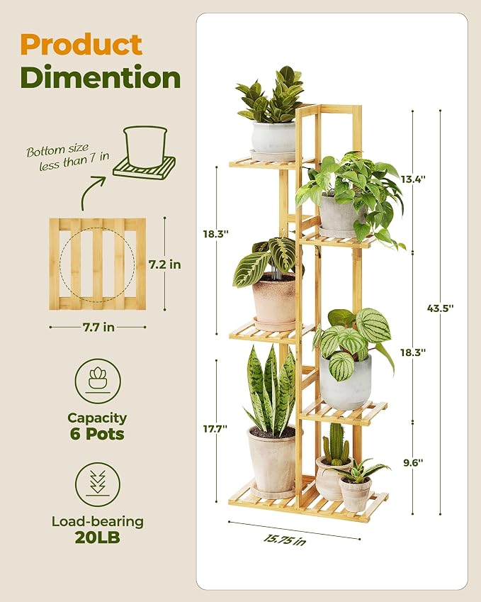 Bamworld Bamboo Plant Stand Indoor 5 Tiered Plant Shelf Outdoor Corner Plant - Image 5