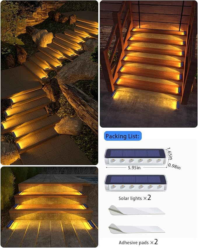 Solar Step Lights for Outside, 2 Pack Solar Stair Lights, Warm White Outdoor - Image 6