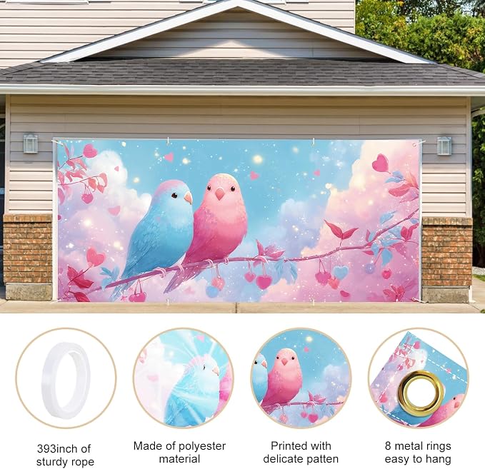 Birds Garage Door Banner 6x13FT, Cute Love Birds Garage Door Cover, Romantic - Image 4