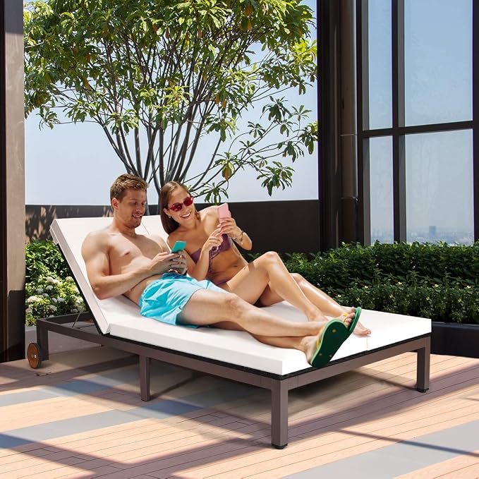 COSTWAY 2-Person Patio Rattan Lounge Chair Chaise Recliner Adjustable Cushion - Image 5