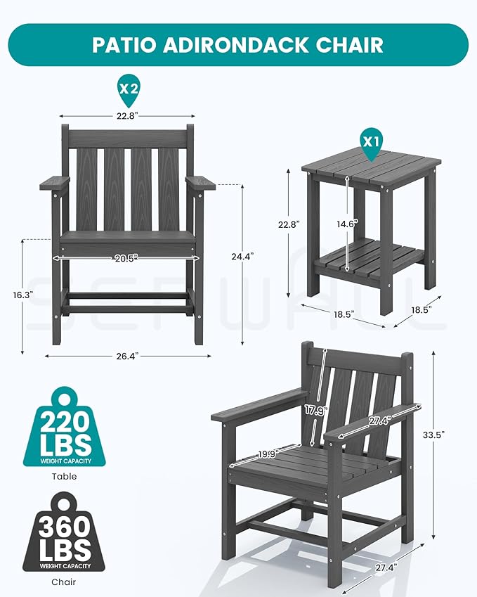 SEWRWALL 3 Pieces Patio Bistro Set, All Weather Adirondack Chair Set - Image 2
