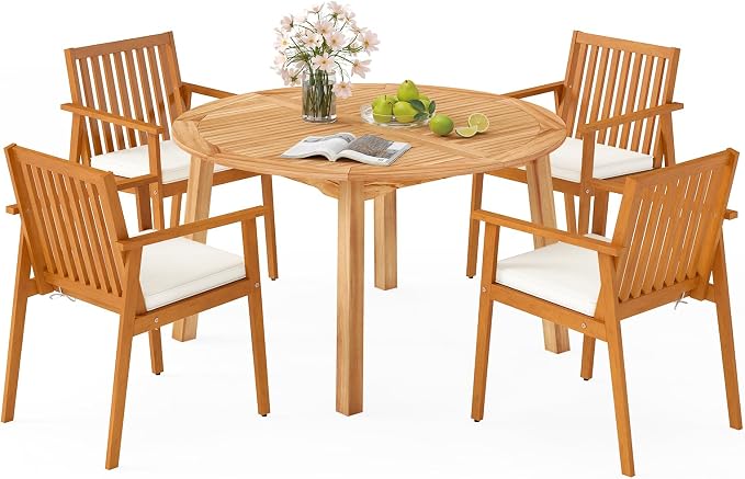 Tangkula 5 Pieces Wood Round Patio Dining Set, Outdoor Acacia Table and Chairs by TANGKULA