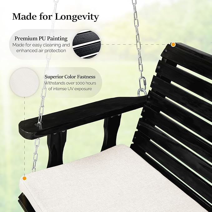 VINGLI Wooden Porch Swing, Heavy Duty 880 LBS Hanging Patio Bench - Image 3