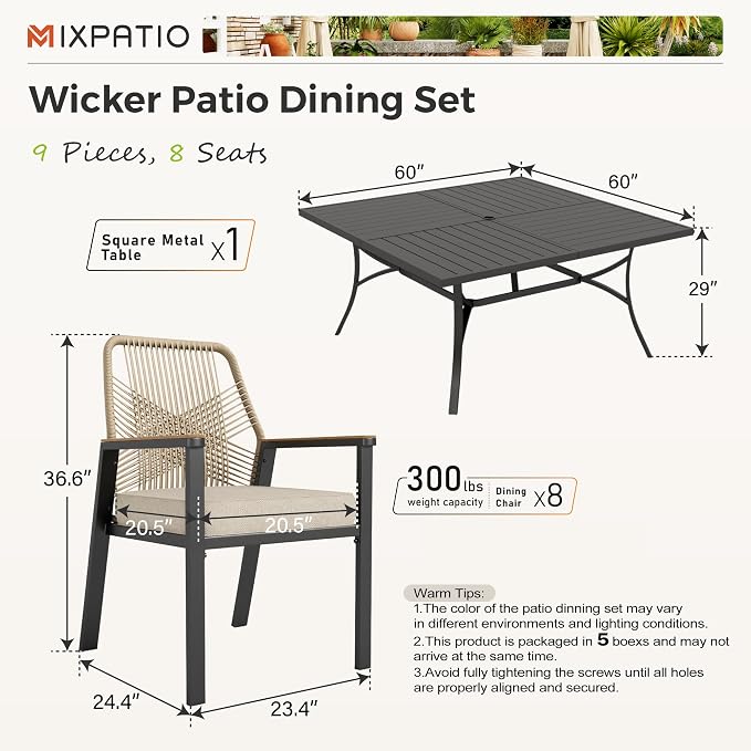9 Pieces Outdoor Dining Set for 8, Patio Dining Set Wicker Rattan Chairs - Image 6
