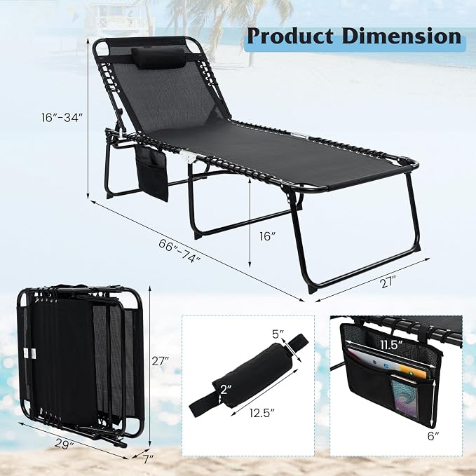 GYMAX Lounge Chair for Outside, 440lbs 27” Oversize Folding Beach Tanning - Image 3