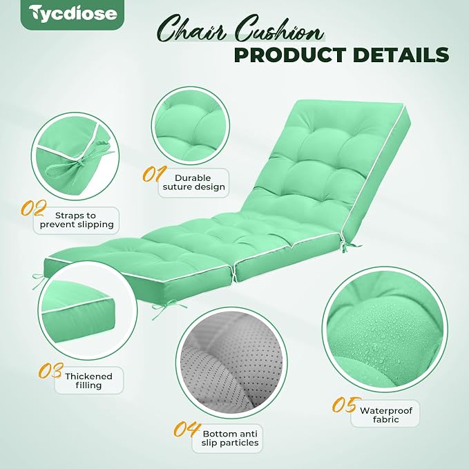 Outdoor Chaise Lounge Chair Cushion, Waterproof Non-Slip Patio Chaise Lounge - Image 5