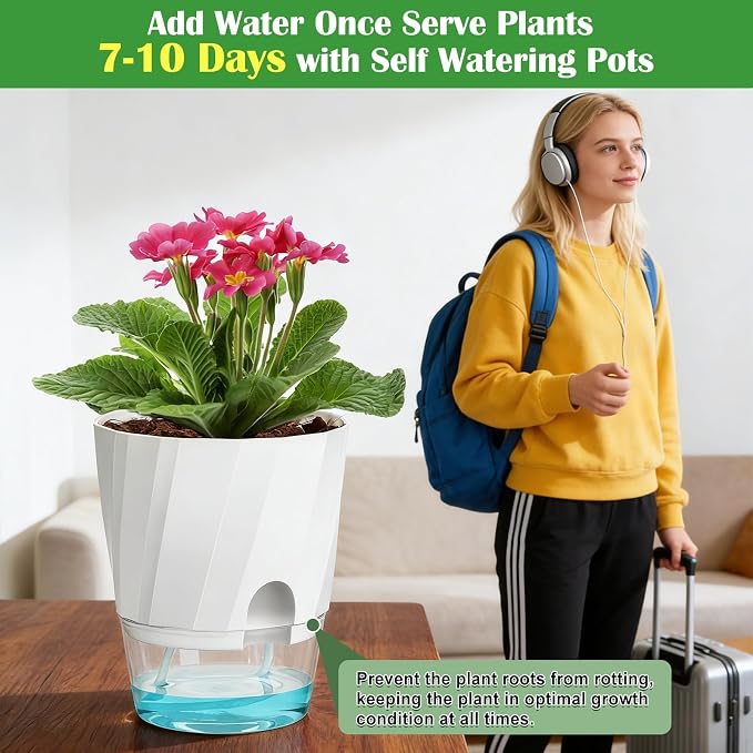 KIMCHOMERSE Self Watering Plant Pots, 6 Inch Plant Pots White, 3 Pack Flowers - Image 6