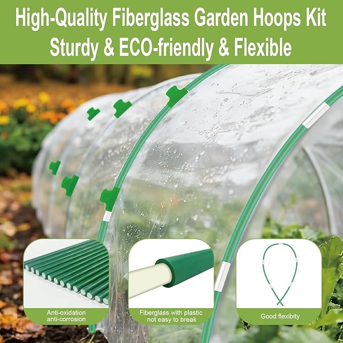 60PCS Garden Hoops for Raised Beds, 8FT Rust-Free Fiberglass Greenhouse Hoops - Image 4