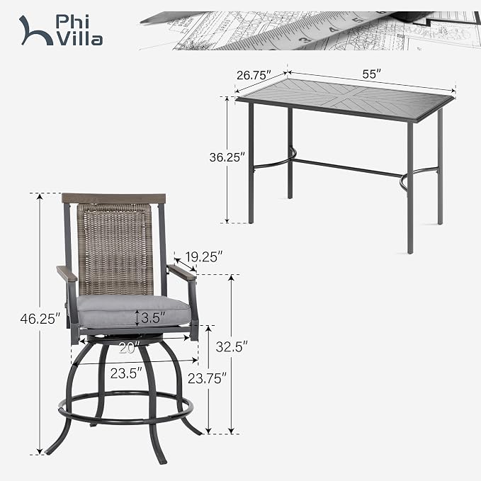 PHI VILLA 5 PCS Outdoor Counter Height Table and Chairs, Swivel Outdoor Bar - Image 7