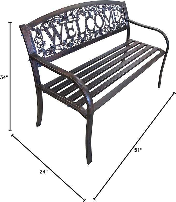 Leigh Country Metal Outdoor Bench, Welcome Design, Decorative Patio Seating - Image 3