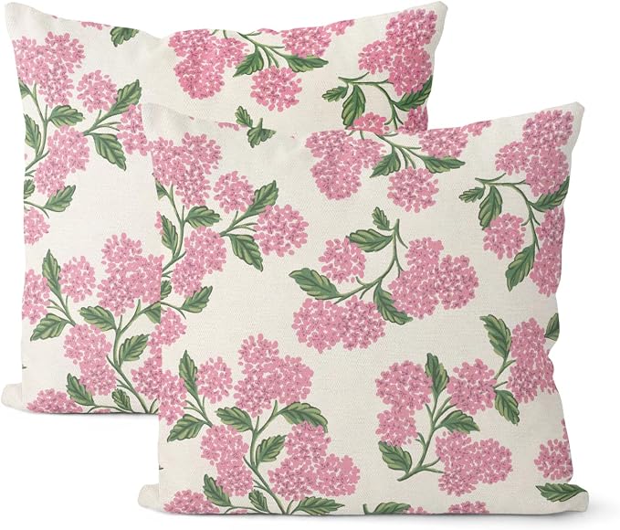 Preppy Pink Pillow Covers 22x22 Inch 2 Pcs Green Hydrangea Flower Decor Throw by DAFENA