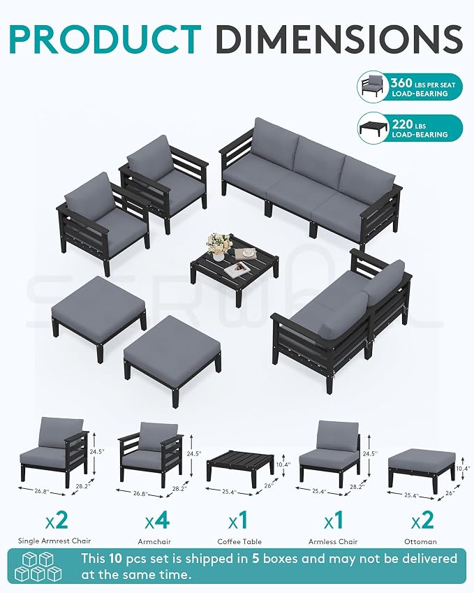 SERWALL HDPE Patio Furniture Set, 10 Pieces Outdoor Sectional Sofa Set - Image 6