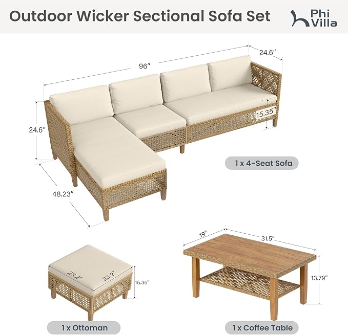 PHI VILLA Wicker Patio Furniture Set, Outdoor Sectional Couch - Image 6