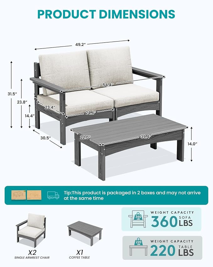 SERWALL 3 Pieces Patio Sofas, All-Weather Outdoor Couch Sectional Set, Patio - Image 2