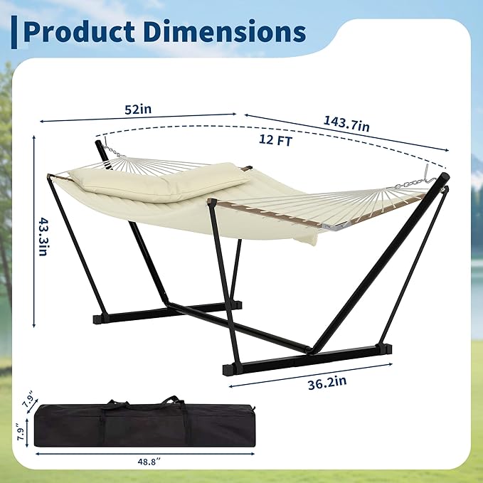 2 Person Double Hammock with Adjustable Steel Stand & Pillow, Heavy Duty - Image 2