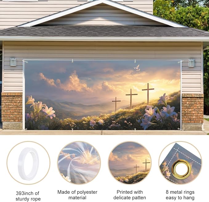 ANNA QUEEN Easter Cross Garage Door Banner 6x13FT, Sunrise Mountain Crosses - Image 4