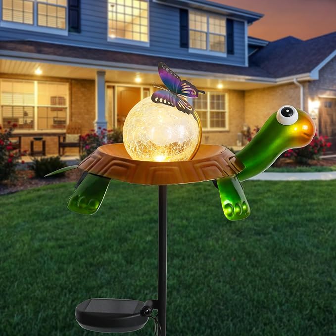 Afirst Solar Lights Outdoor Decorative Metal Turtle Crackle Glass Globe - Image 7