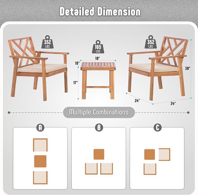 3 Piece Outdoor Patio Furniture Set, Wooden Conversation Patio Set - Image 6