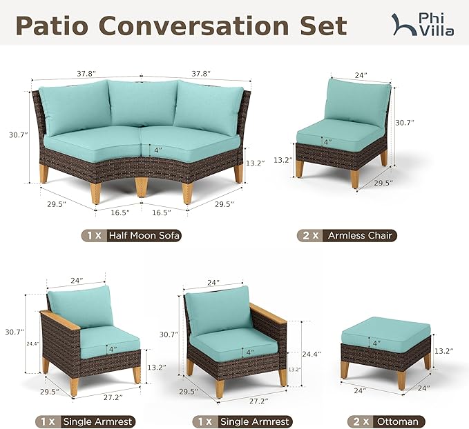 PHI VILLA 7-Piece Curved Patio Furniture Set, Half-Moon Wicker Sectional - Image 2