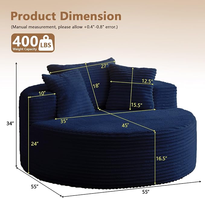 Oversized Round Chair Lounge Chaise Indoor, Upholstered Corduroy Deep Seat - Image 2