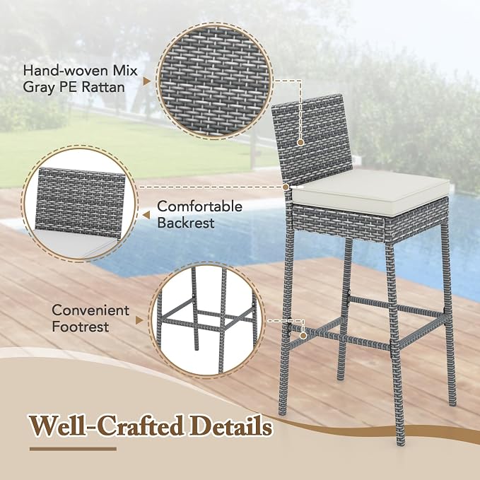 COSTWAY Outdoor Wicker Bar Stools Set of 4, Footrest and Backrest, Rattan - Image 7