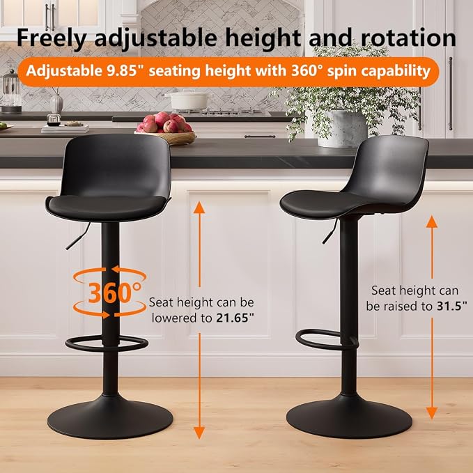 Kidol & Shellder Bar Stools Set of 2 Black Adjustable Swivel Barstools Modern - Image 3