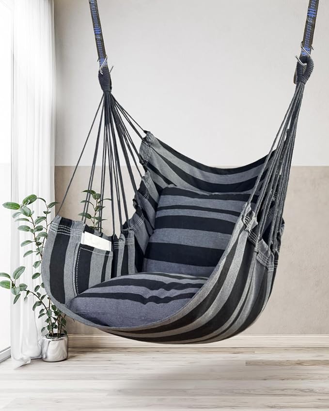 Halalona Hammock Chair Hanging Hammock Chair Rope Swing 2 Cushions - Image 7