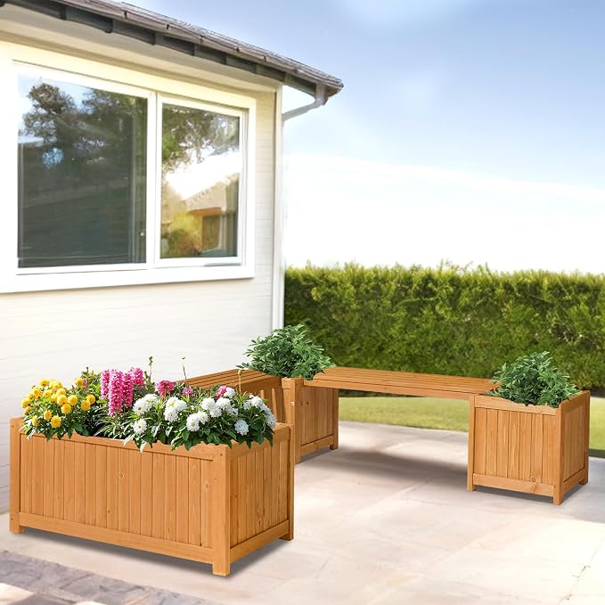 VINGLI Outdoor Wood Bench with Planter Boxes, 2-in-1 All-Weather Porch Bench - Image 2