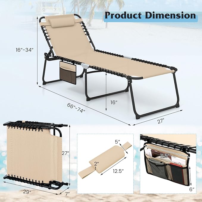 GYMAX Lounge Chair for Outside, 440lbs 27” Oversize Folding Beach Tanning - Image 3