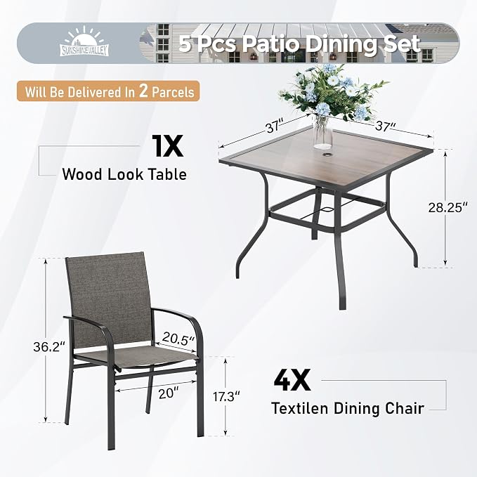 5 Piece Patio Dining Set for 4, 37”x37” Square Table - Image 5