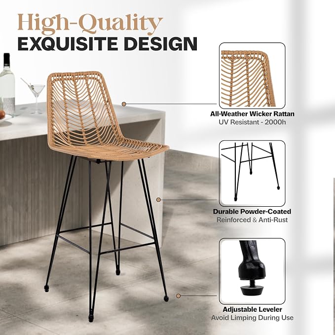 IDZO Outdoor Rattan Bar Stools Set of 2, 42-Inch Tall - Image 3