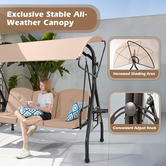 800LBS Patio Swing with Canopy 3 Seat Outdoor Porch Swing with Stand w/Cup - Image 5