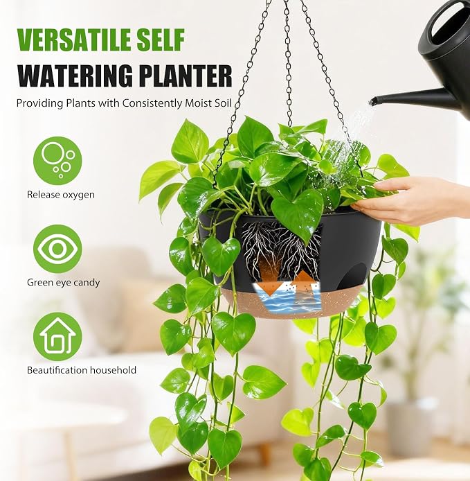 8 Inch Hanging Planters for Indoor Outdoor Plants, 4 Pack Black Brown Plastic - Image 2