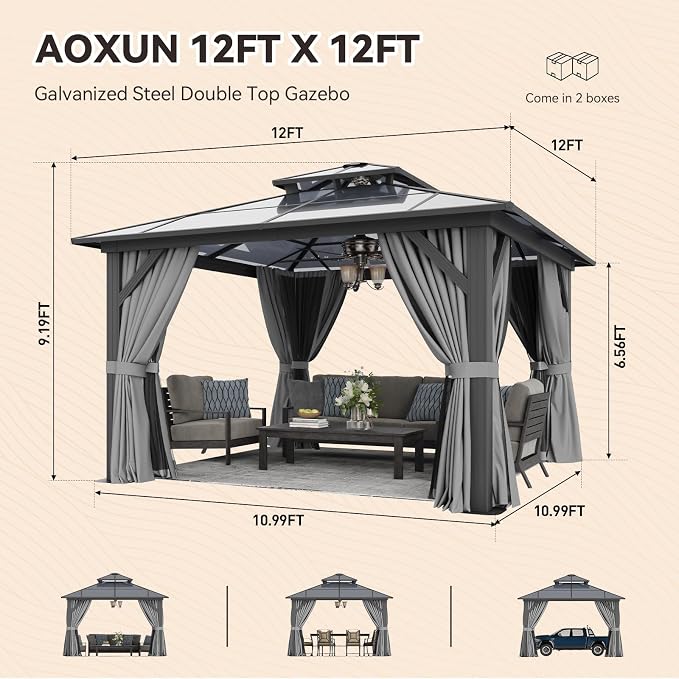 Aoxun 12'x12' Hardtop Gazebo, Outdoor Metal Gazebo - Image 3