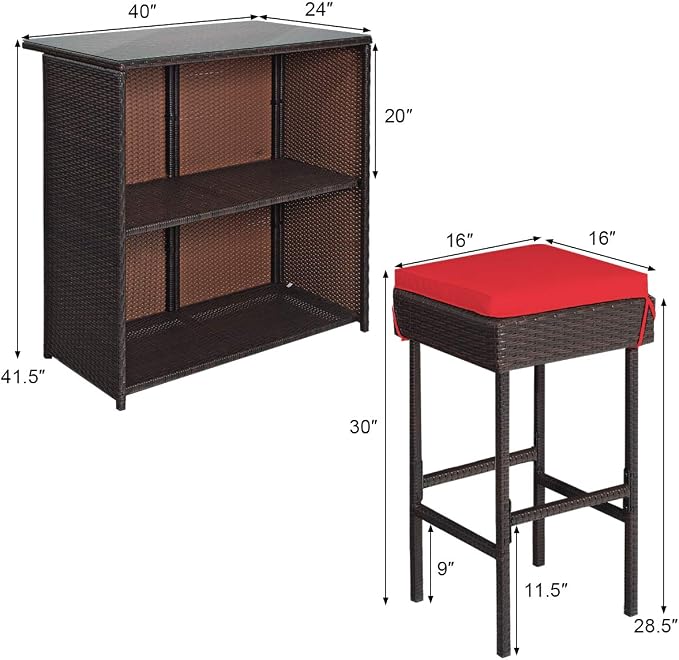HAPPYGRILL 3-Piece Patio Bar Set Rattan Wicker Bar Stools & Table - Image 8