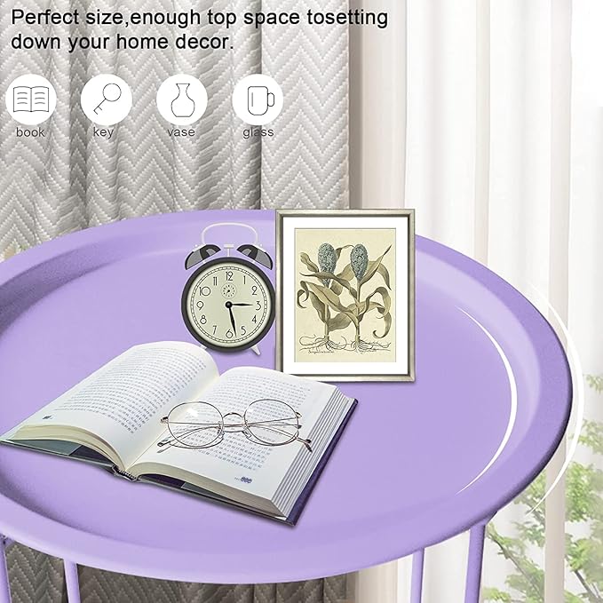 Garden 4 you End Table 2 PCS Metal Side Table Purple Round Folding Tray Cyan - Image 5