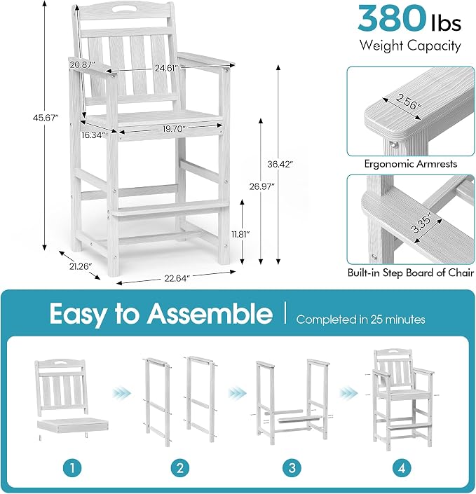 Ciokea Heavy Duty Bar Height Chair, 380lbs Outdoor Adirondack Tall Bar Chair - Image 2