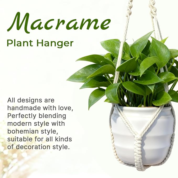 Macrame Plant Hanger, Wood Beads Cotton Hanging Planter Holder - Image 2