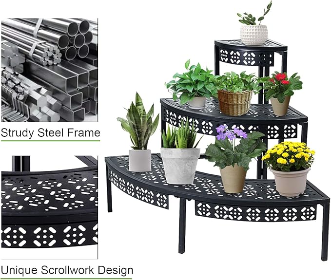 aboxoo 3 Tier Plant Stand Flower Pot Rack, Metal Stair-Step Style Corner Shelf - Image 6