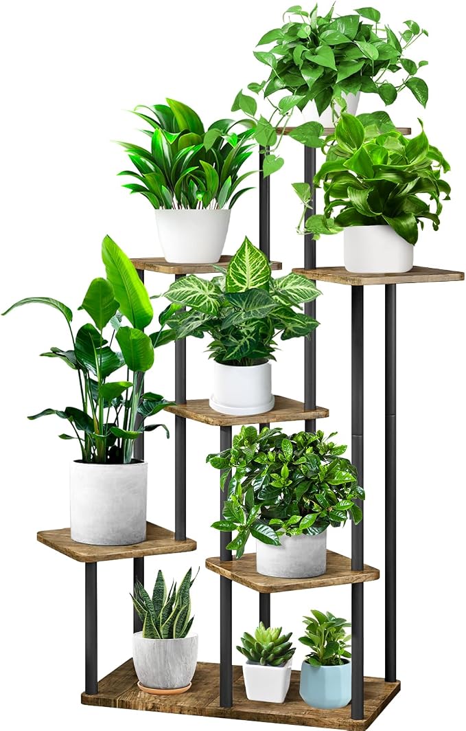 7 Tier Plant Stand Indoor, Thickened Metal Wood Corner Plant Shelf Stands by YOCOMEY