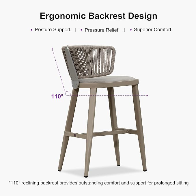 PURPLE LEAF Outdoor Bar Height Stool Set of 2 Modern Rattan Bar Chairs - Image 2