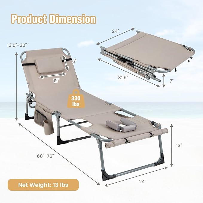 GYMAX Tanning Chair, 330LBS Beach Lounge - Image 3