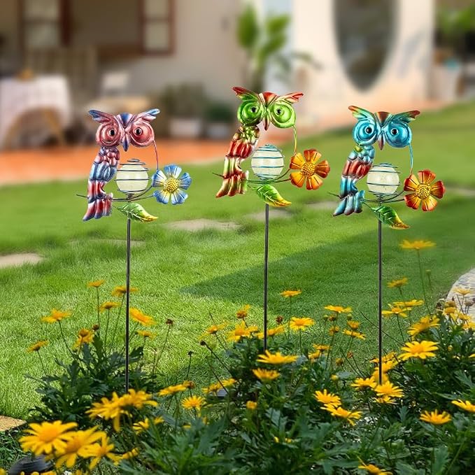 Set of 3 Owl Decorative Garden Stakes, Glow in The Dark Metal Yard Art - Image 7