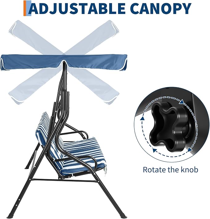 Outdoor Porch Swing Chair with Adjustable Canopy & Striped Seat Cushion - Image 2