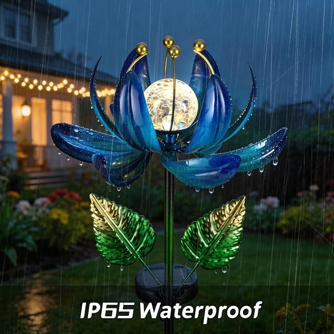 Solar Garden Lights Metal Flower Decor, Colorful Lotus Pathway Spinning Windmill - Image 6
