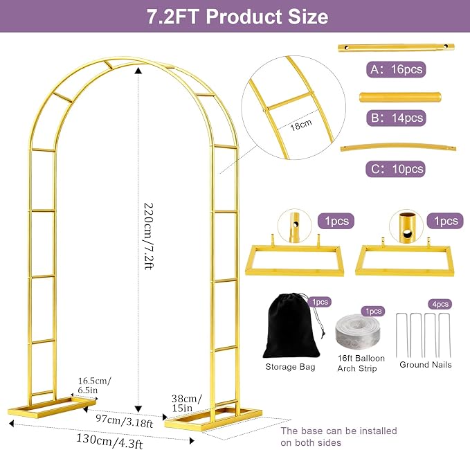 7.2FT Metal Garden Arch Trellis Arbor, Wedding Arch Stand - Image 4