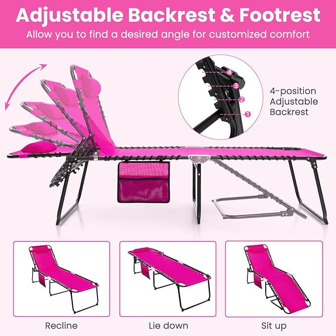 GYMAX Lounge Chairs for Outside, Extra High Folding Beach Tanning Lounger - Image 4