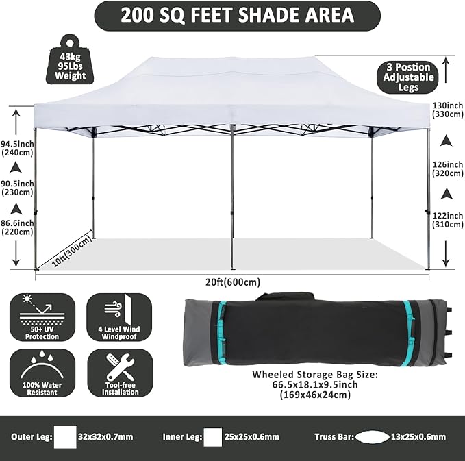 COBIZI 10x20 Pop Up Canopy Without Sidewall, Heavy Duty Canopy UPF 50+ All - Image 4